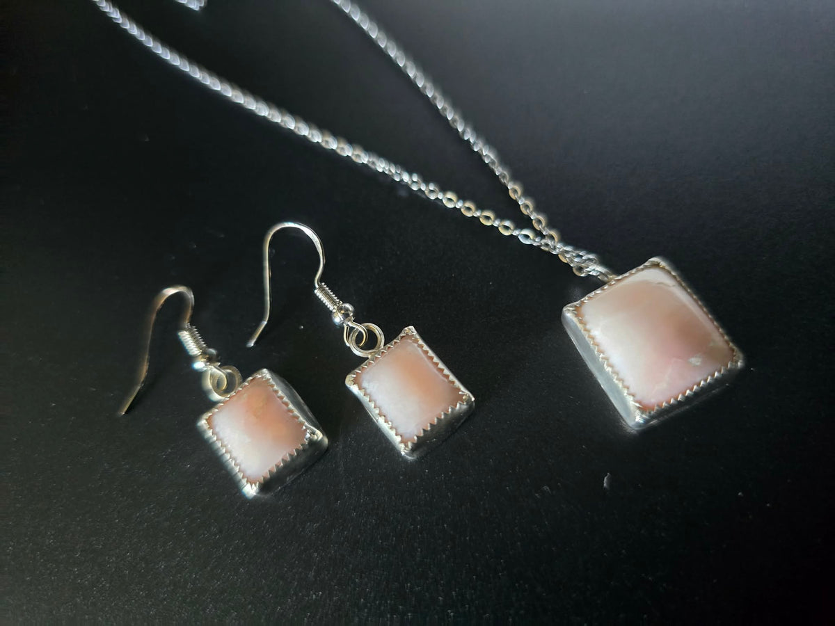 Handmade Sterling Silver Pink Opal Pendant & Earring Set